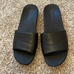 Vionic slides in black leather, worn one time! Size 8.5 but fits more like an 8!